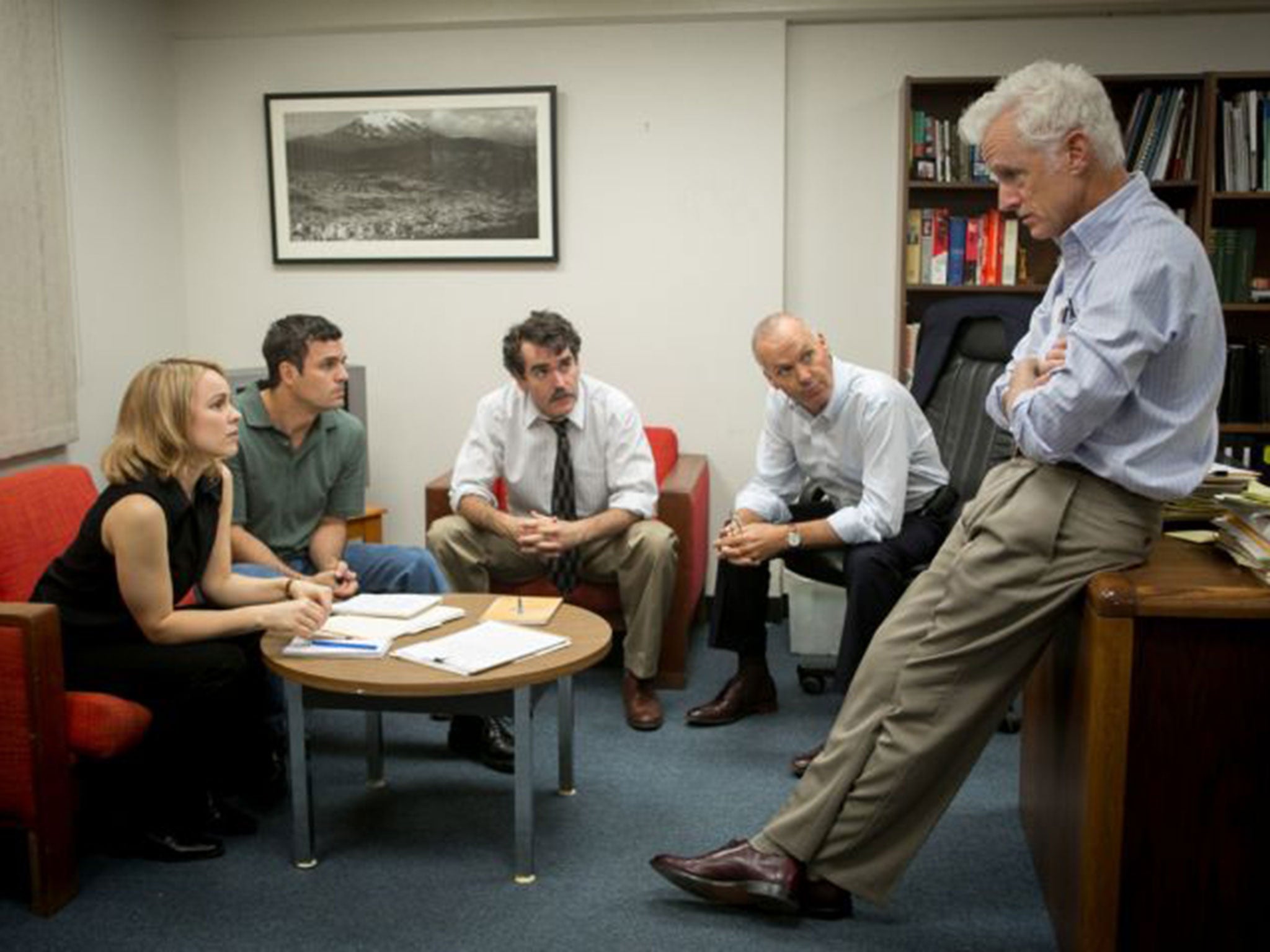 Notes on a scandal: Rachel McAdams, Mark Ruffalo, Brian d’Arcy James, Michael Keaton and John Slattery in Spotlight