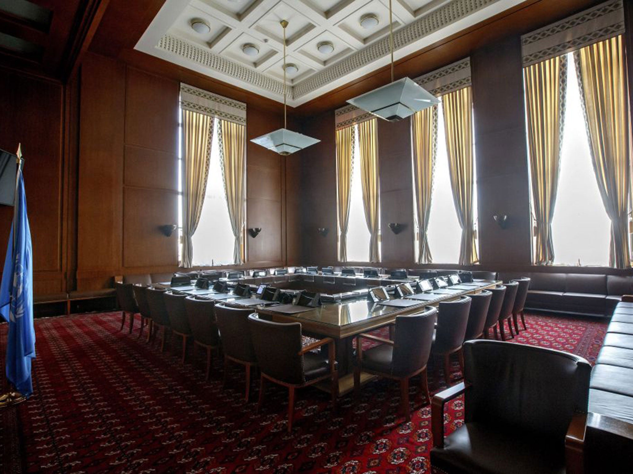 The room to be used for the Intra-Syrian talks at the European headquarters of the UN, in Geneva, Switzerland