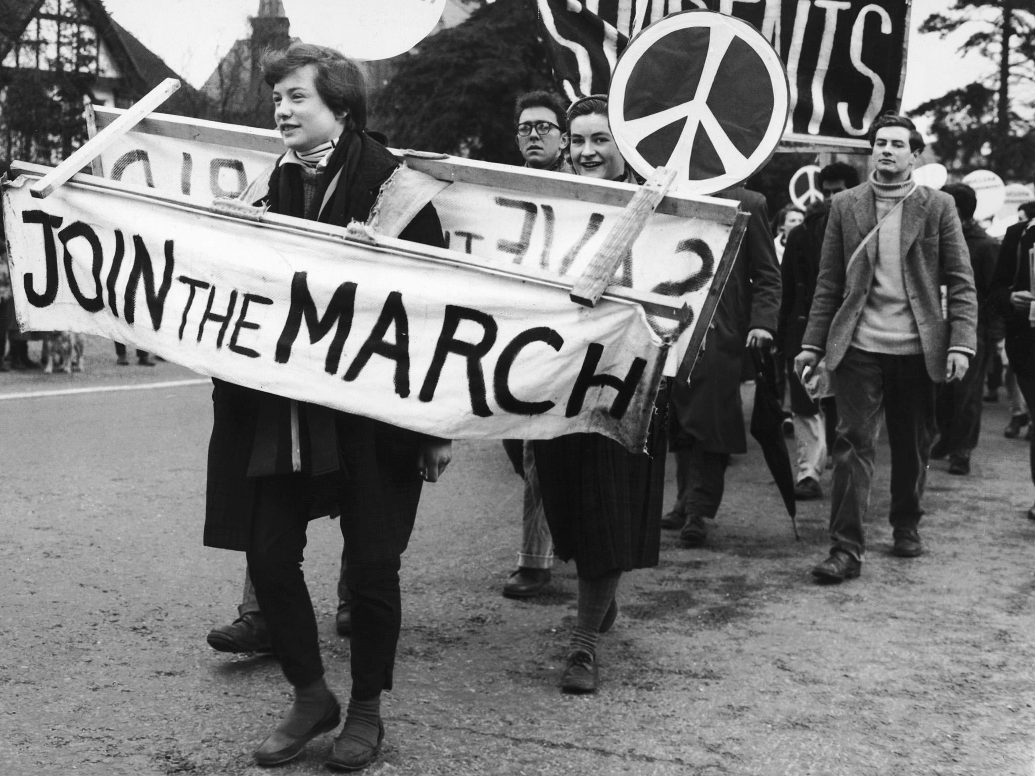 Campaign for Nuclear Disarmament demonstrators leaving Maidenhead on their march from London to Aldermaston Atomic Weapons Research Establishment in Berkshire, 1958