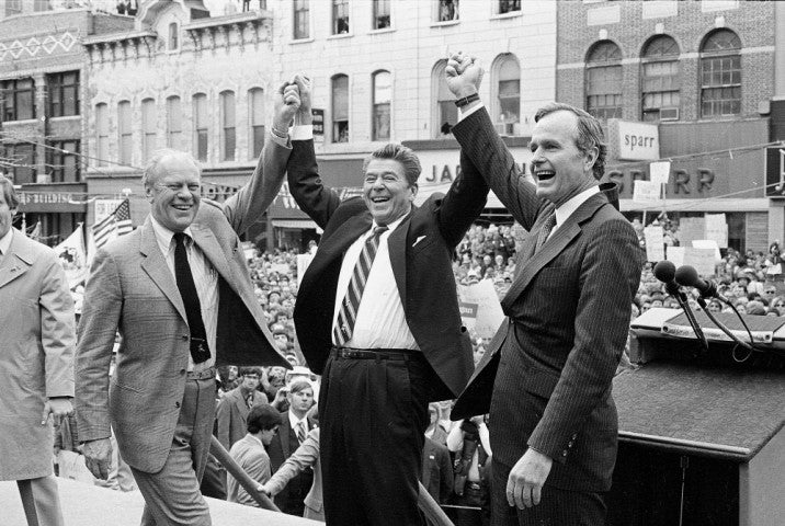 Former republican presidents Gerald Ford, Ronald Reagan and George H W Bush on Reagans campaign in 1980