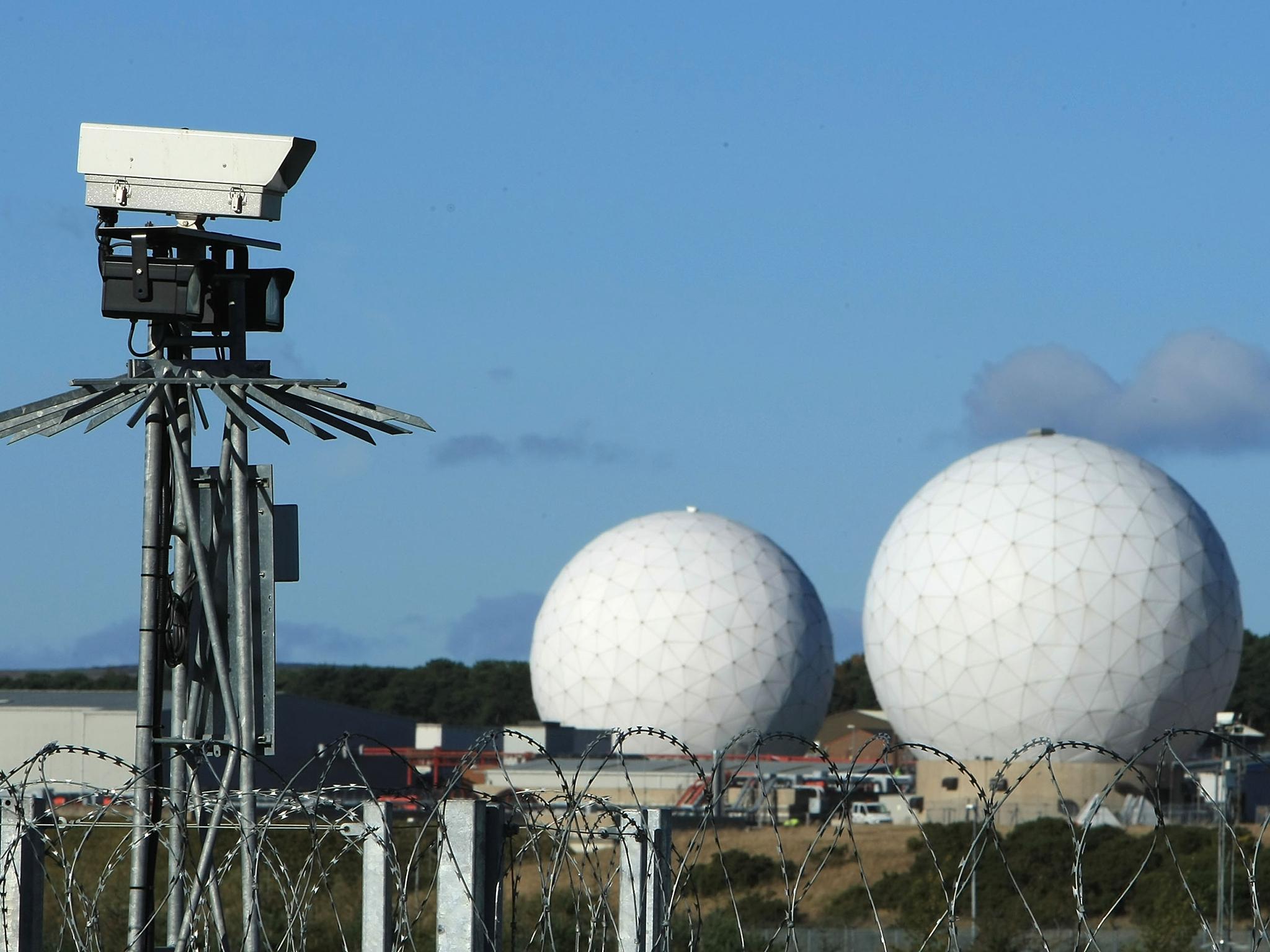A security camera overlooks the radar domes of RAF Menwith Hill in north Yorkshire