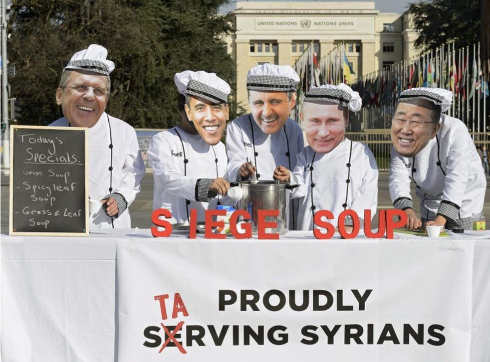 Protesters wear masks of Russian Foreign Minister Sergei Lavrov, Barack Obama, Bashar al-Assad, Vladimir Putin and UN Secretary-General Ban Ki-moon in Geneva.