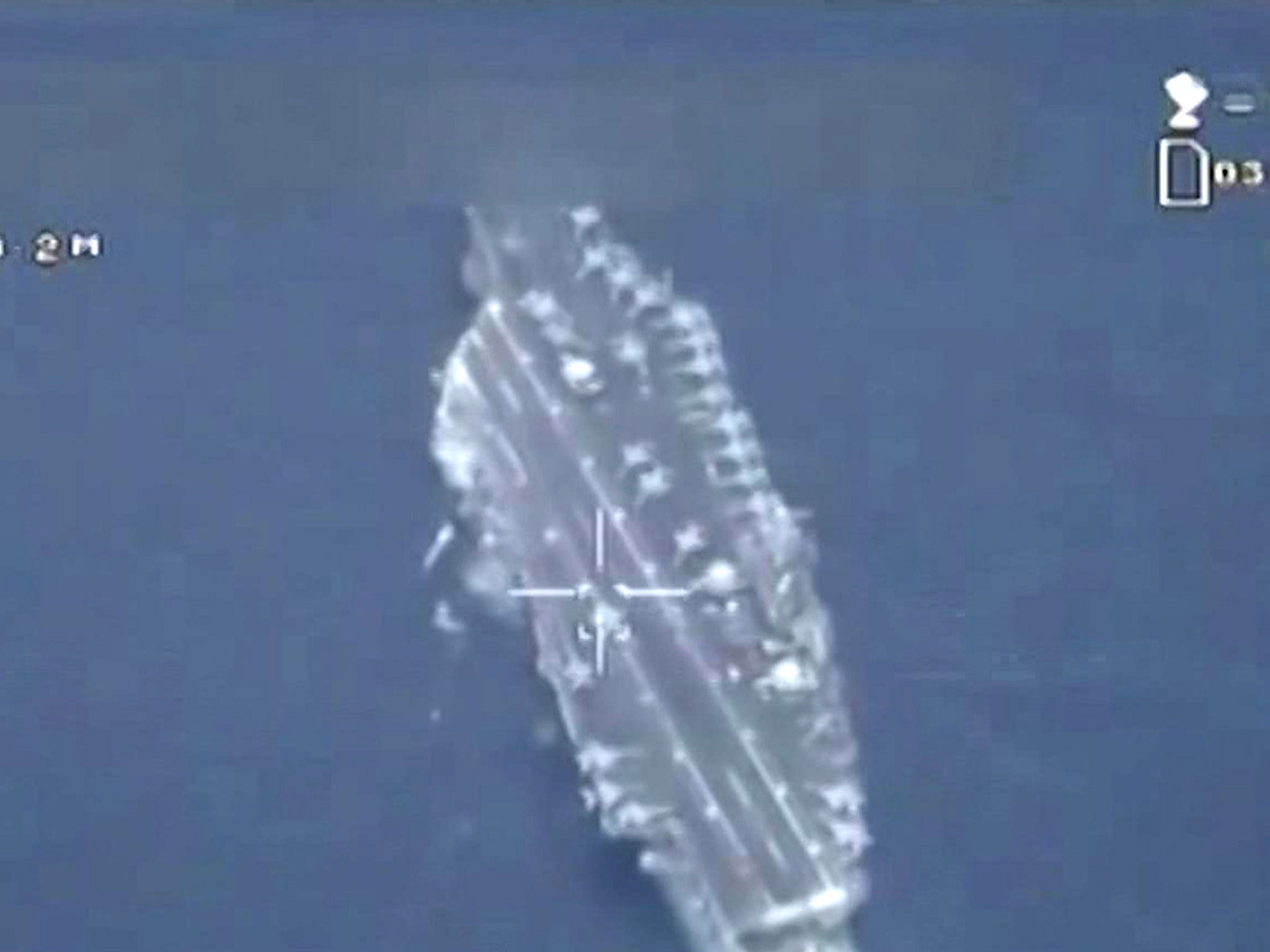 This still image made from video broadcast on Iranian State television Friday, 29 January, 2016 shows what purports to be drone footage of a US aircraft carrier