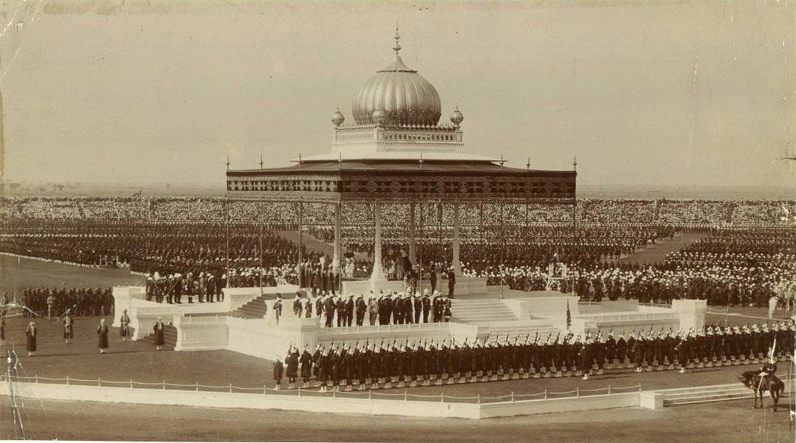 The Delhi Durbar of 1911, with King George V and Queen Mary seated upon the dais