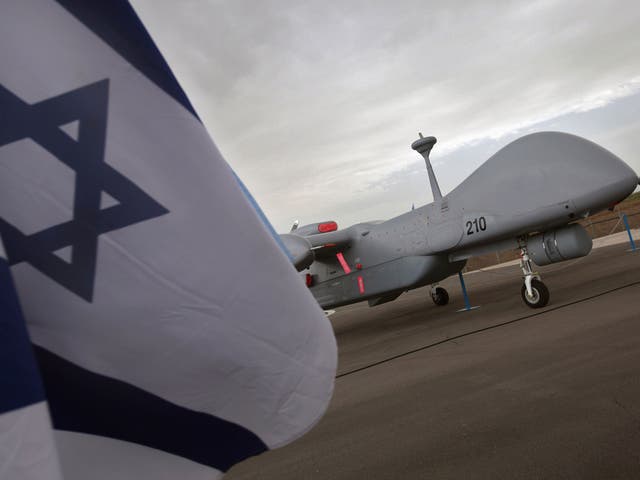 The Eitan, the Israeli Air Force's latest generation of Unmanned Aerial Vehicle (UAV), is displayed during a ceremony introducing it into the 210th UAV squadron on February 21, 2010