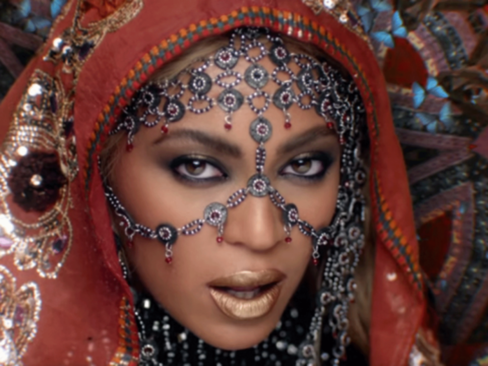 Beyoncé appearing in the music video for Coldplay's Hymn for the Weekend
