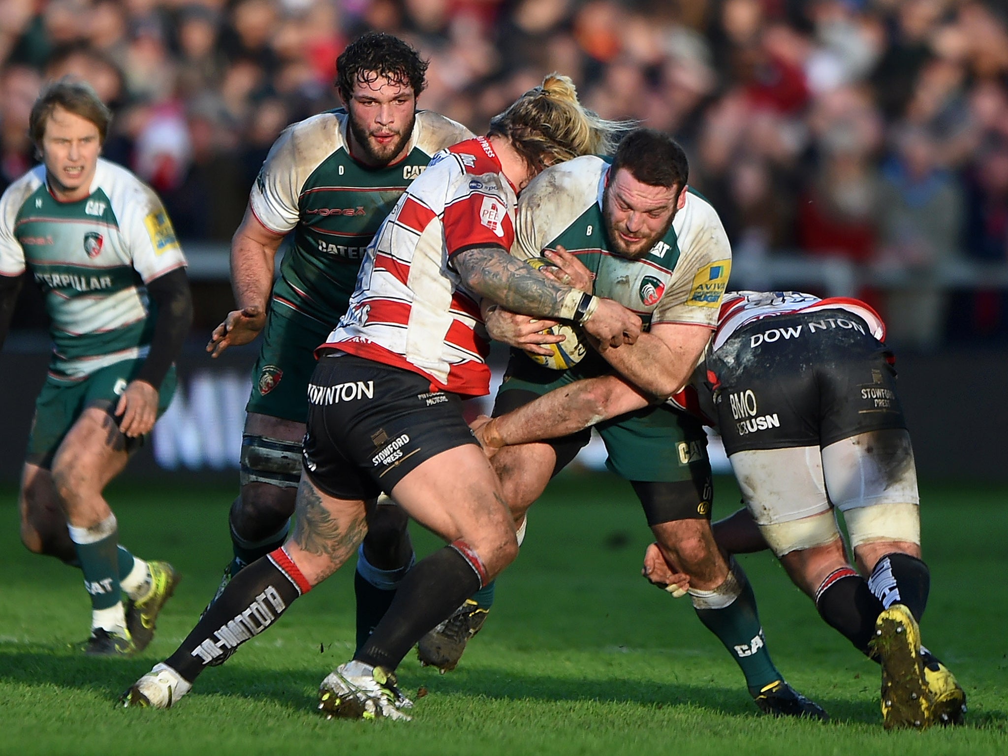 Greg Bateman of Leicester Tigers in action during the Aviva Premiership match against Gloucester Rugby