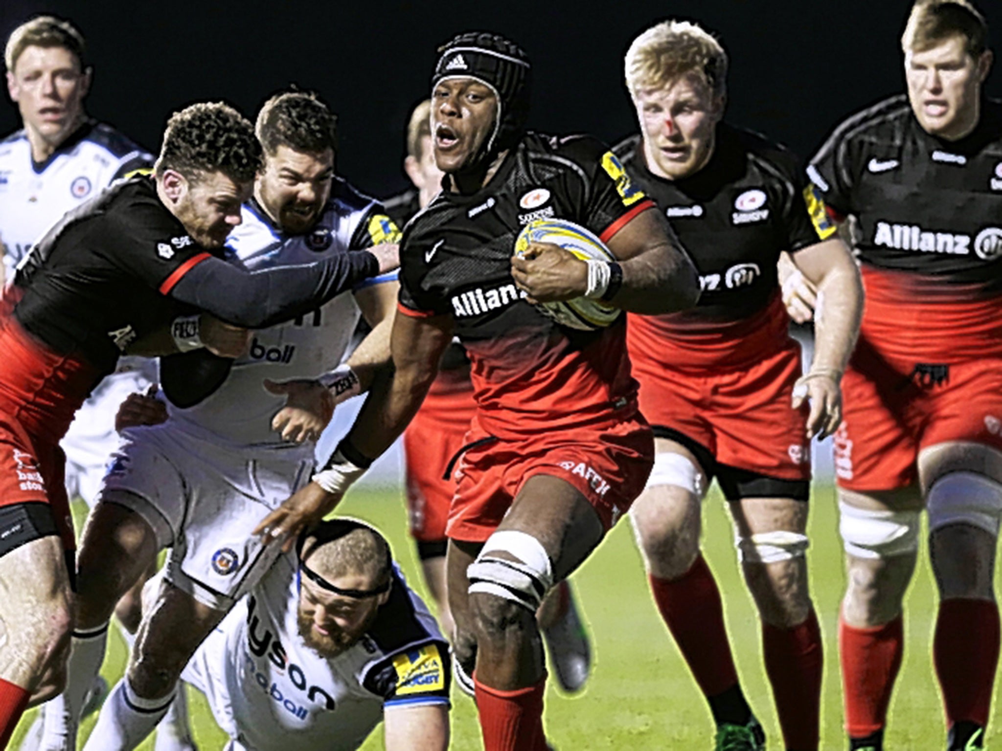 Maro Itoje busts Bath’s line during Sarries’ win