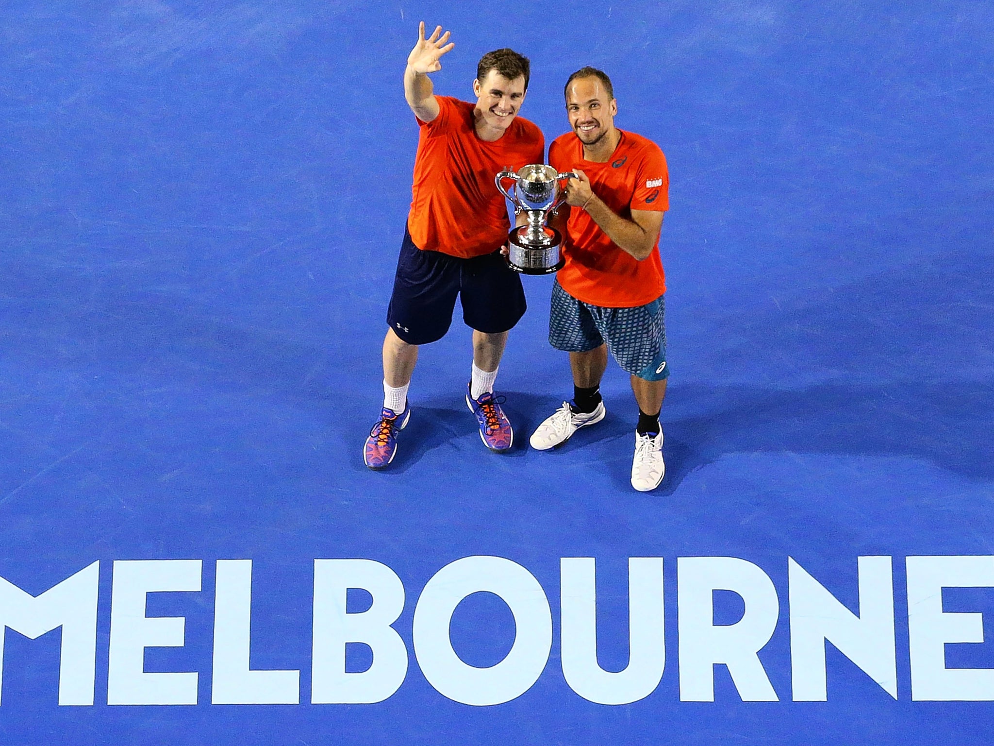 Jamie Murray and his Brazilian partner Bruno Soares with their Australian Open doubles trophy