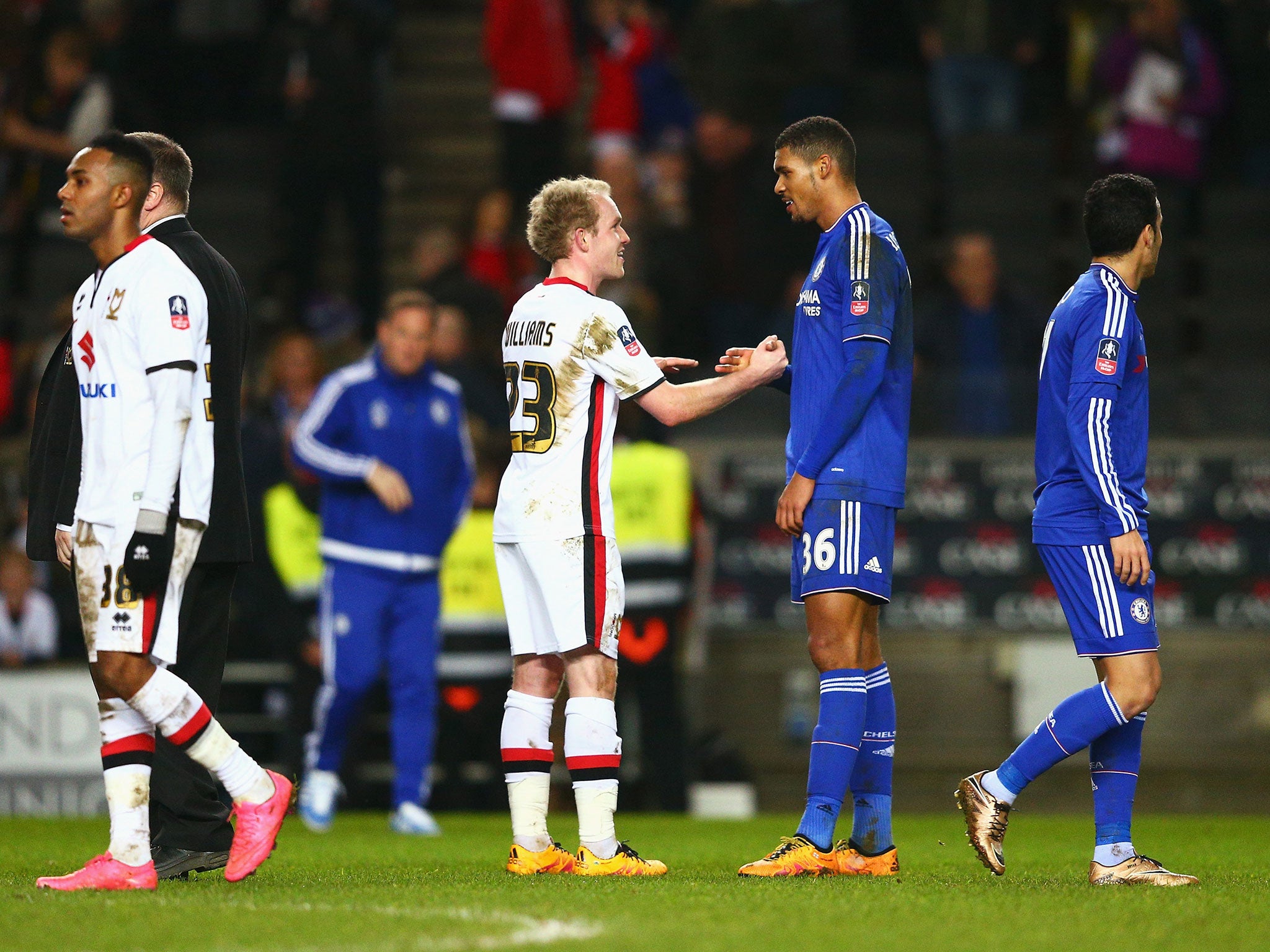 Johnny Williams and Ruben Loftus-Cheek shake hands after the game