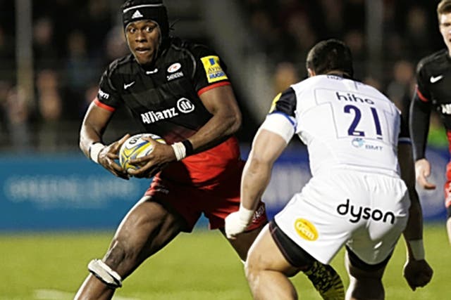 Maro Itoje goes on the attack during Saracen’s victory against Bath on Saturday