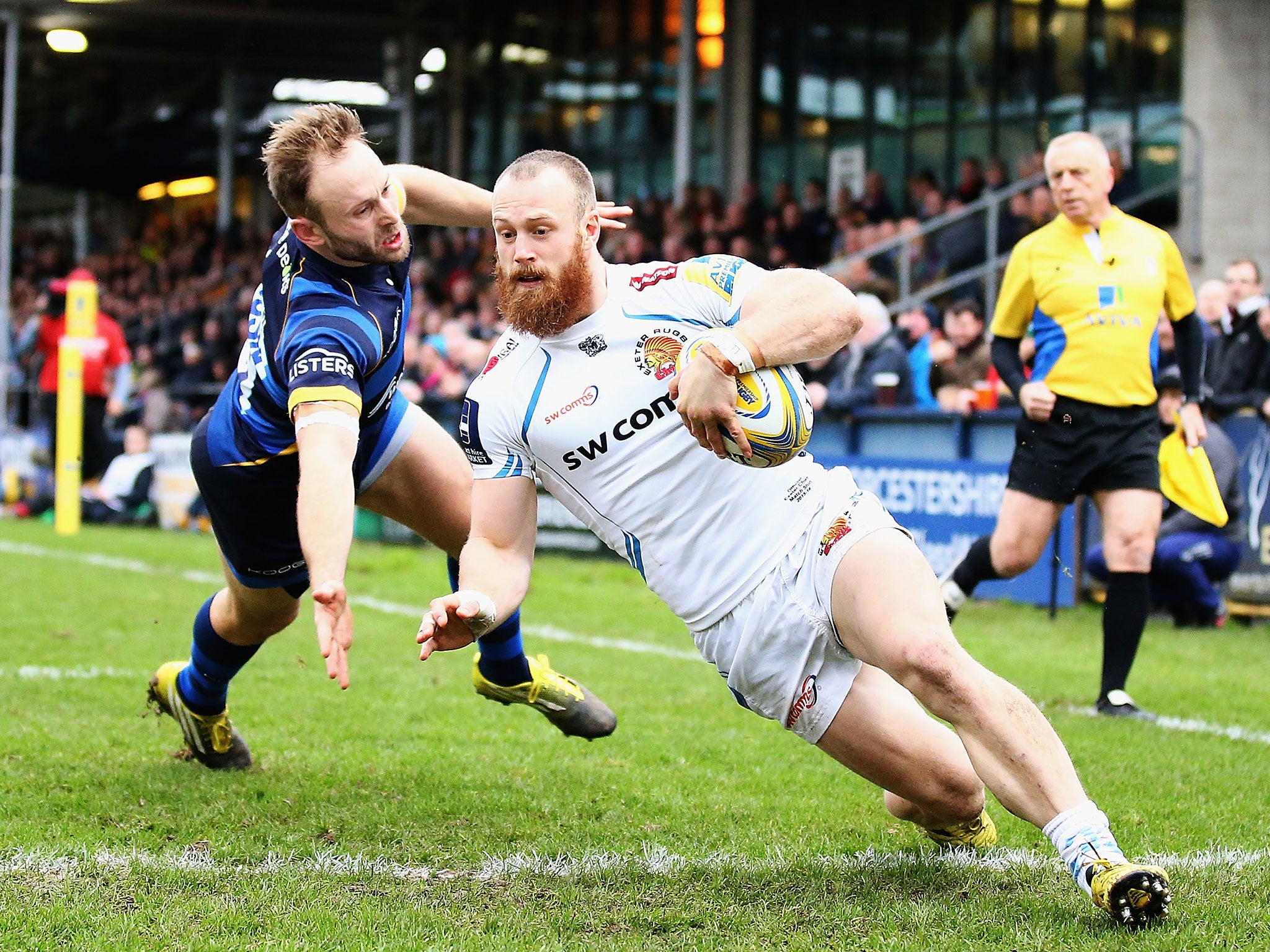 James Short crosses the line to put Exeter ahead after a bad blunder by Worcester