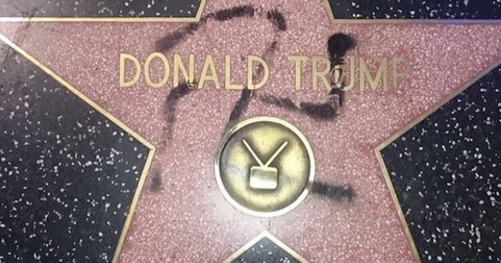 A backwards swastika appears on Donald Trump's star on the Hollywood Walk of Fame.
