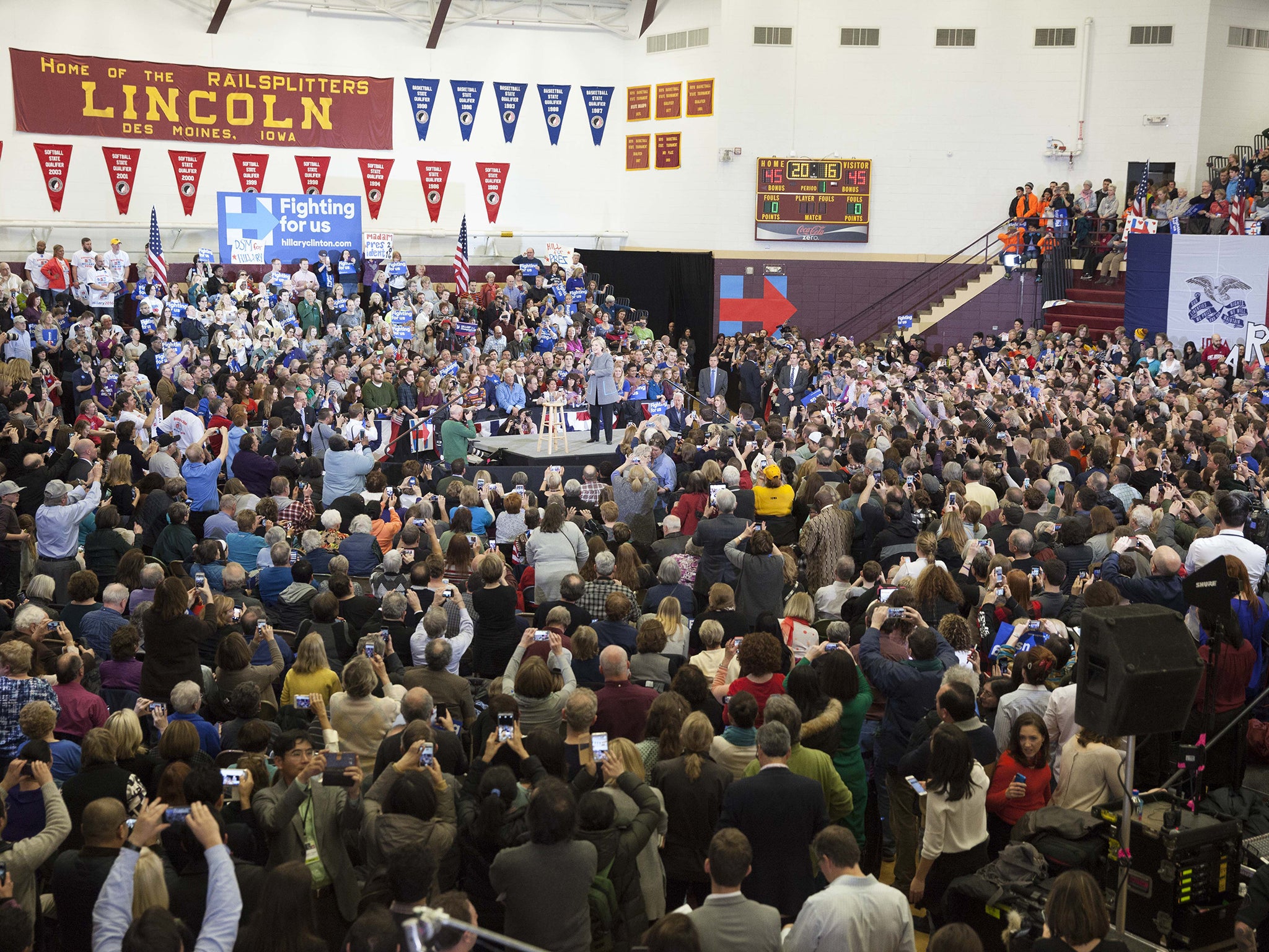 Hillary Clinton speaks to a crowd of voters in Des Moines, Iowa, before the Iowa Caucus
