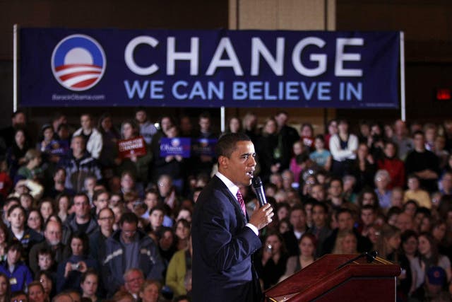Barack Obama at a campaign rally in Coralville, Iowa, in 2008. There was a large turnout for the caucus, from which he received 37.6% of the Democratic vote