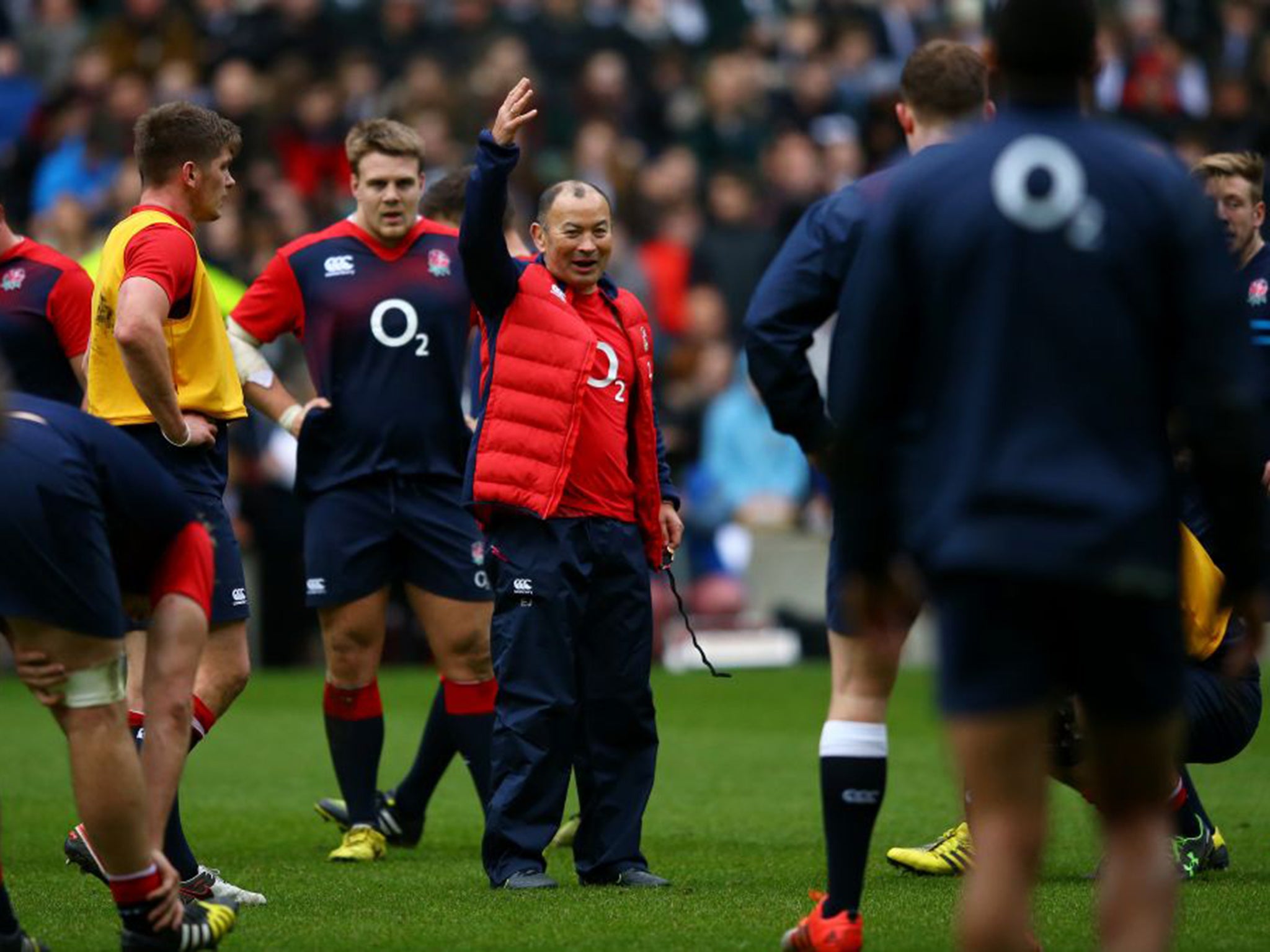 Eddie Jones takes an open training session with his England players at Twickenham
