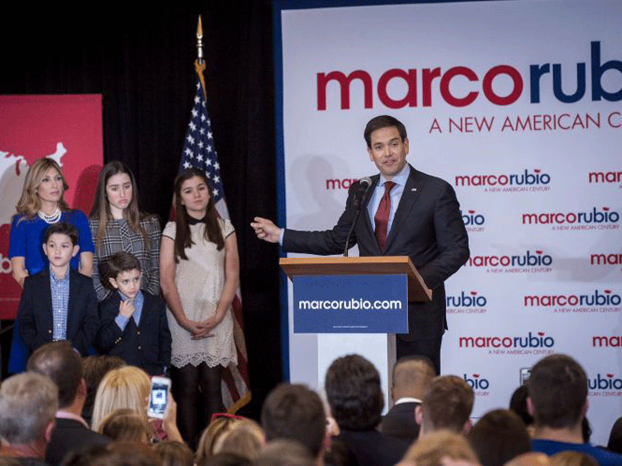 Marco Rubio with his wife Jeanette and four children at the Iowa caucuses, 2 February 2016