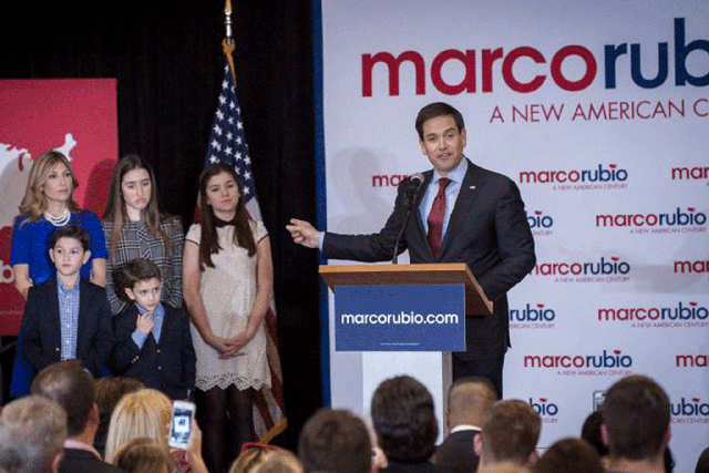 Marco Rubio with his wife Jeanette and four children at the Iowa caucuses, 2 February 2016