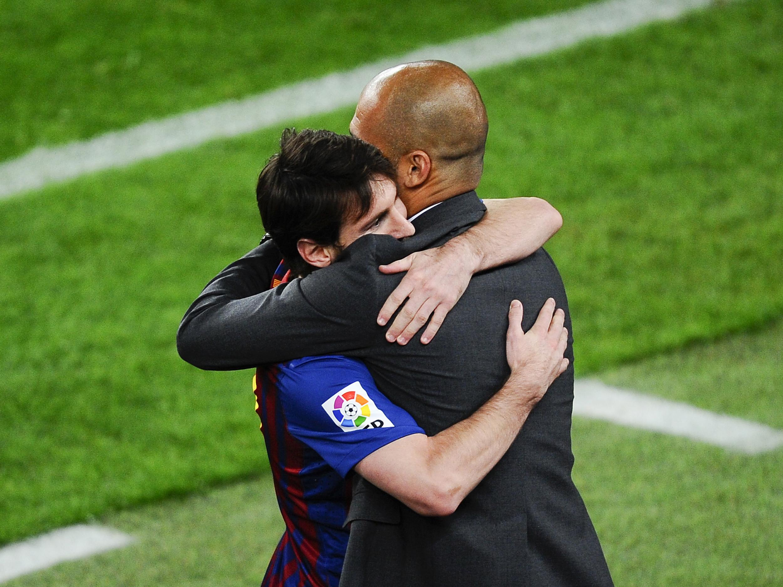 Pep Guardiola and Lionel Messi during their spell together at Barcelona