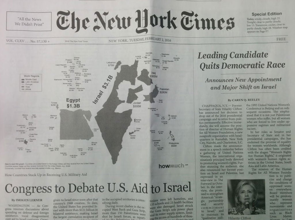 The publication said Hillary Clinton had quit as presidential candidate and Congress would debate Israeli aid