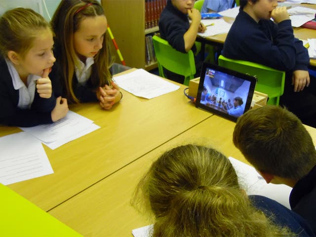 Children from Frances Olive Anderson primary school in a video call with pupils at Mohammad Shamel school in Beirut