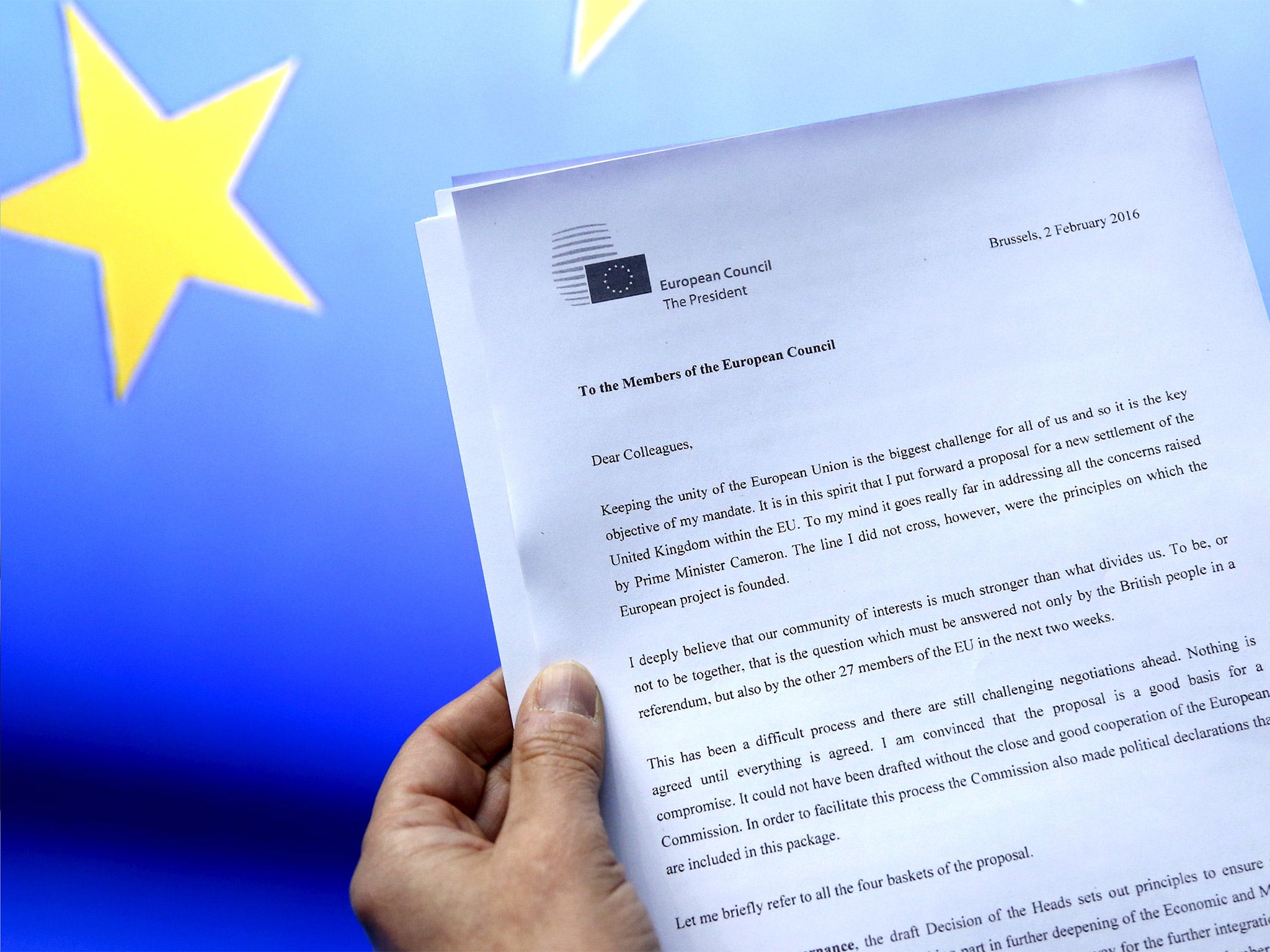 A letter sent by European Council President Donald Tusk to European Union leaders explains some elements of the draft deal agreed with David Cameron