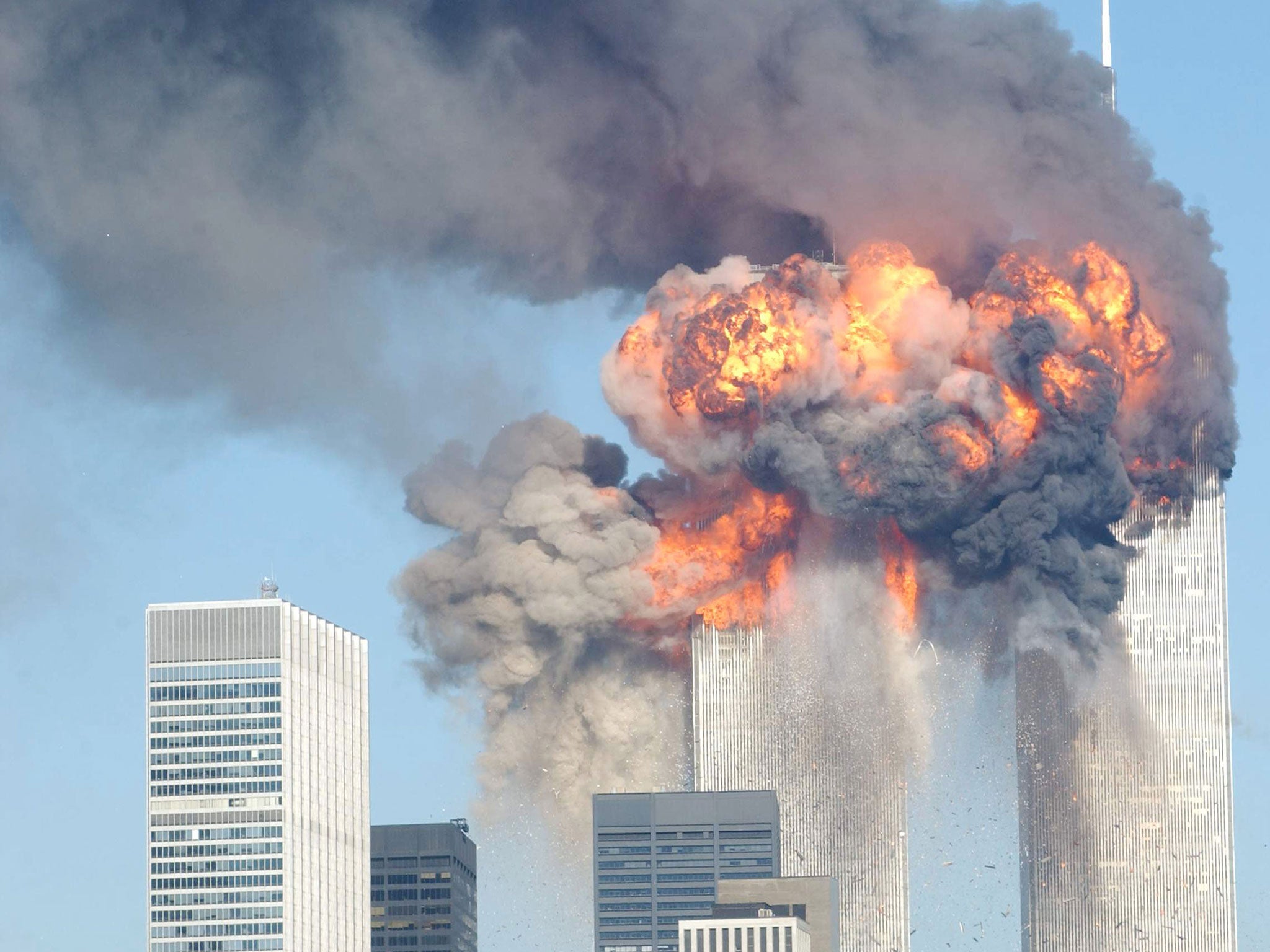 The World Trade Center after being hit by two planes September 11, 2001 in New York City.