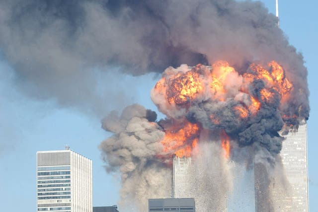 The World Trade Center after being hit by two planes September 11, 2001 in New York City.