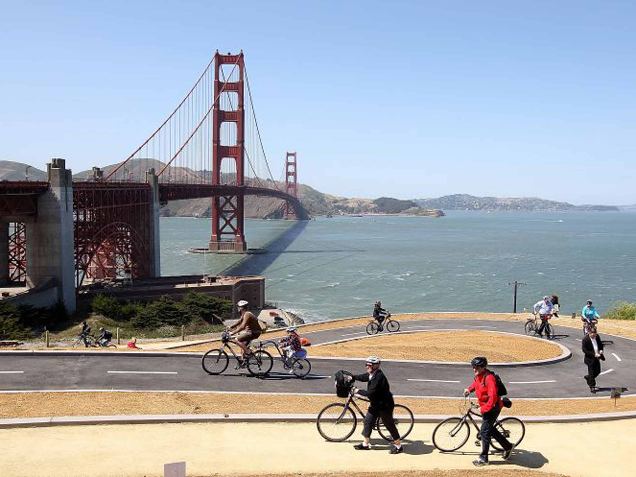 Golden opportunity: cycling by the bridge