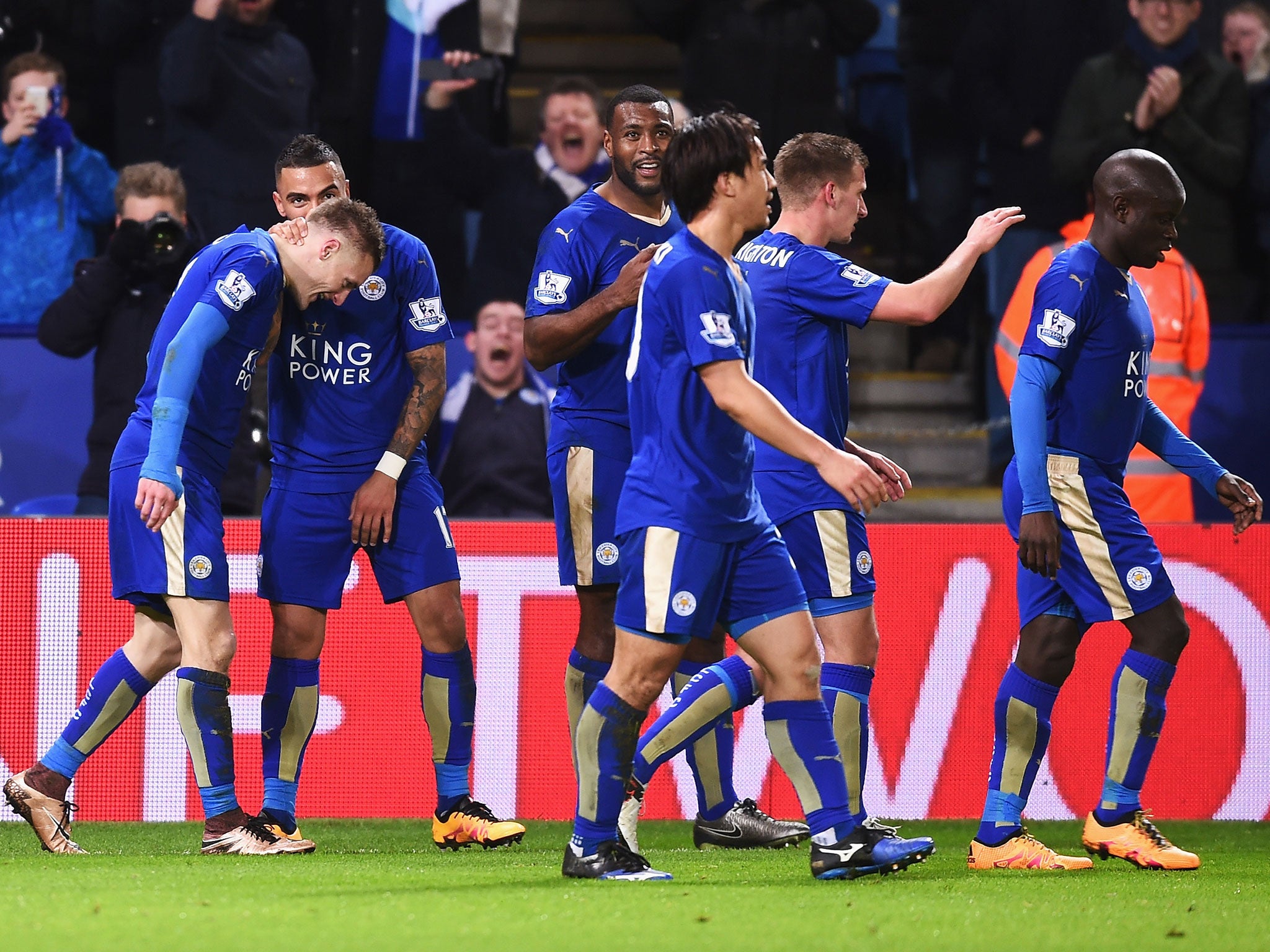 Leicester celebrate after Jamie Vardy scores his second goal in the 2-0 win over Liverpool