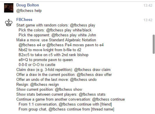 Writing '@fbchess help' will bring up a list of possible commands