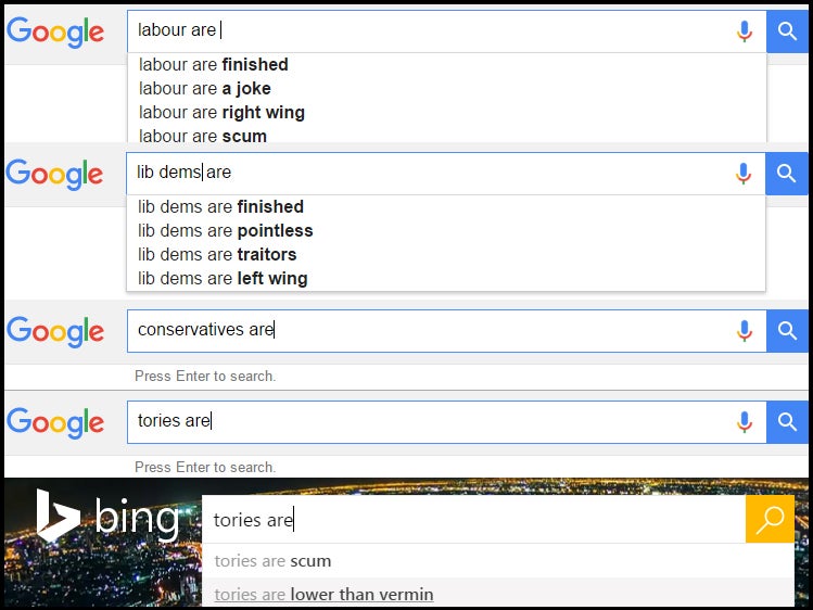 "Tories are" doesn't have any search suggestions on Google, however it receives plenty on Bing