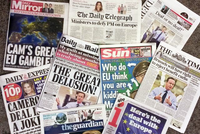 Front pages of national newspapers on the Prime Minister's EU deal