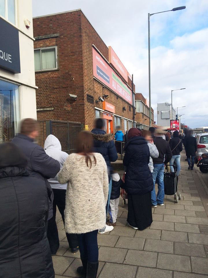 Queues form outside the easyFoodstore in Park Royal, north-west London on Wednesday Facebook