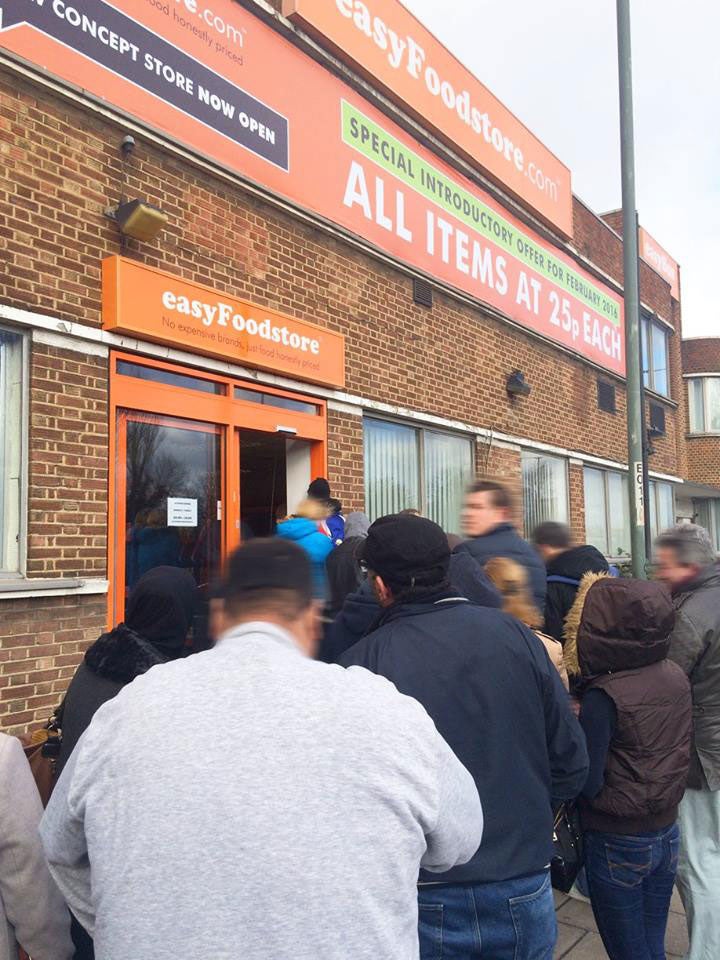 Queues form outside the easyFoodstore in Park Royal, north-west London on Wednesday Facebook