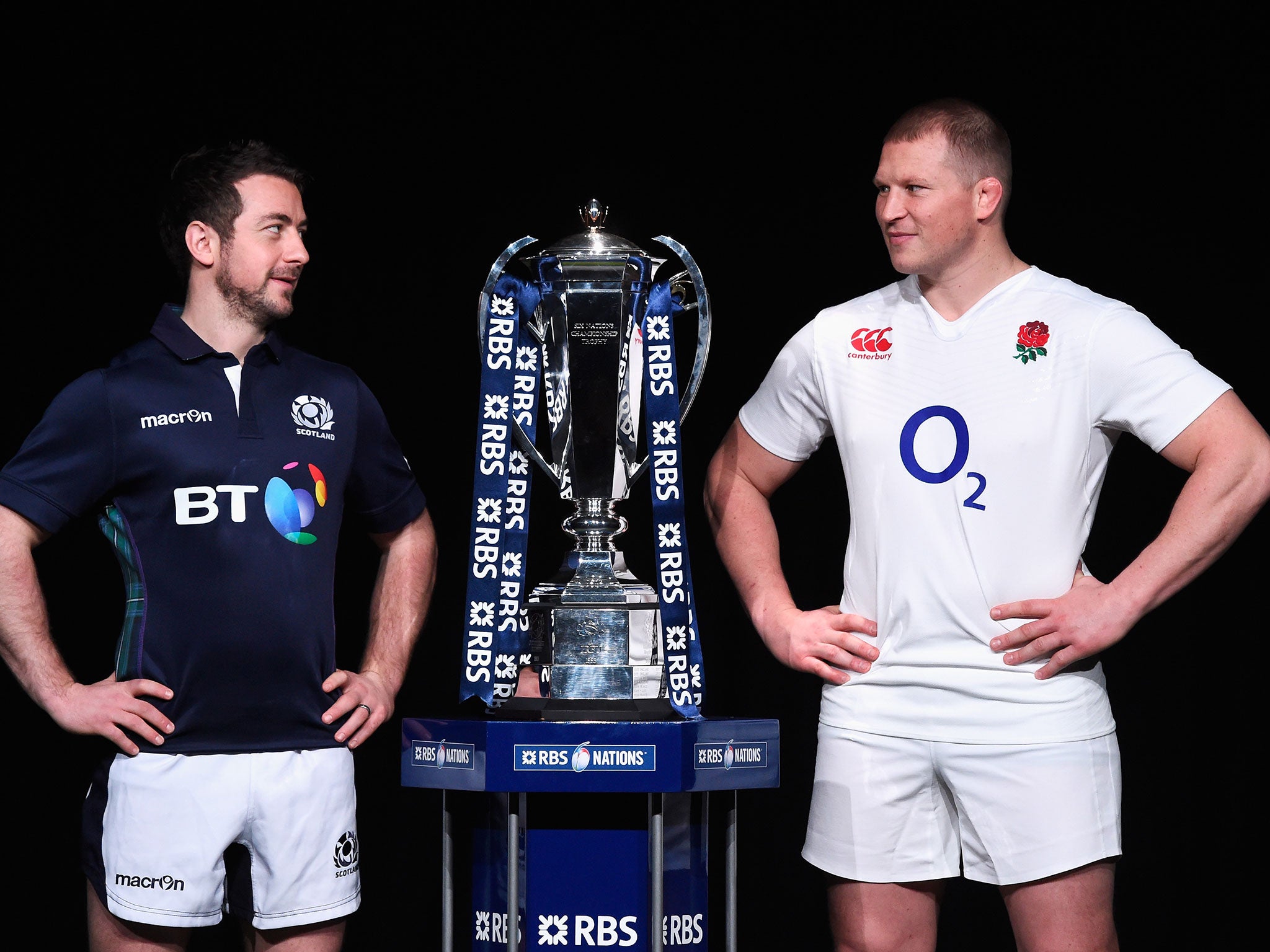 Scotland captain Gried Laidlaw alongside the Six Nations trophy and his England counterpart Dylan Hartley