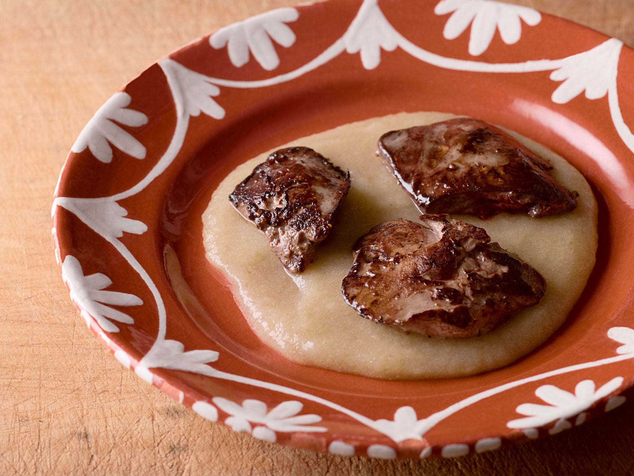 Duck livers with Bramley apple purée (Jason Lowe)