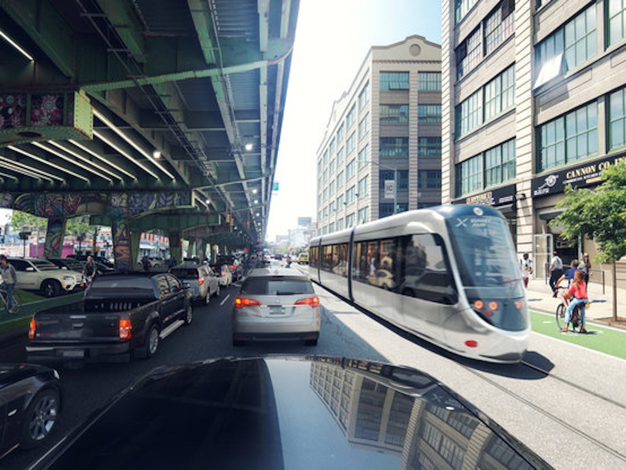 A rendering shows the proposed streetcar rolling through Brooklyn. Courtesy of Friends of the the Brooklyn Queens Connector.