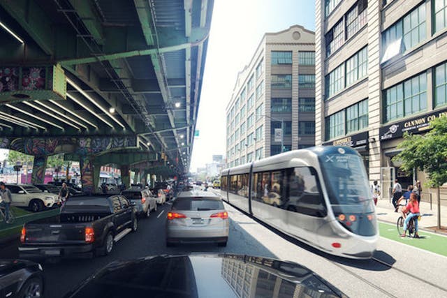 A rendering shows the proposed streetcar rolling through Brooklyn. Courtesy of Friends of the the Brooklyn Queens Connector.