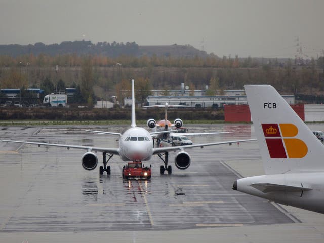 A flight (not pictured) was grounded at Madrid's Barajas airport today after a bomb threat was discovered
