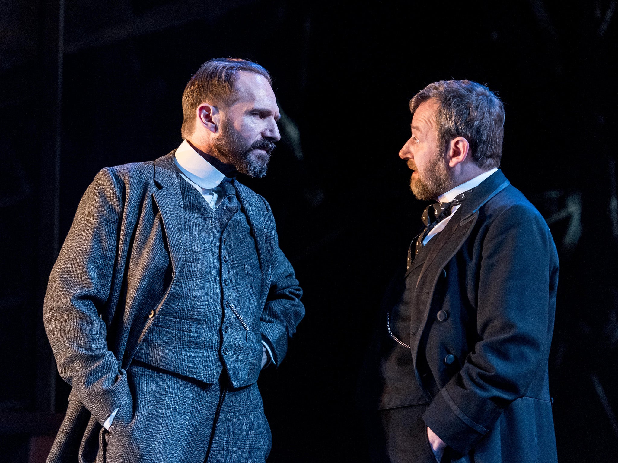 Ralph Fiennes (Halvard Solness) and James Dreyfus (Dr. Herdal) in The Master Builder at The Old Vic