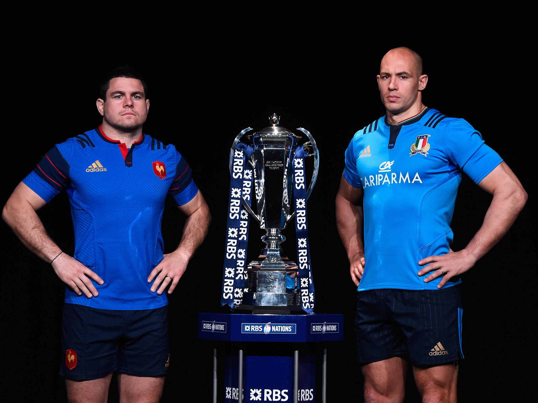 France captain Guilem Guirado and Sergio Parisse of Italy alongside the Six Nations trophy