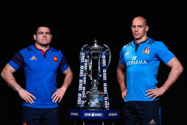 France captain Guilem Guirado and Sergio Parisse of Italy alongside the Six Nations trophy