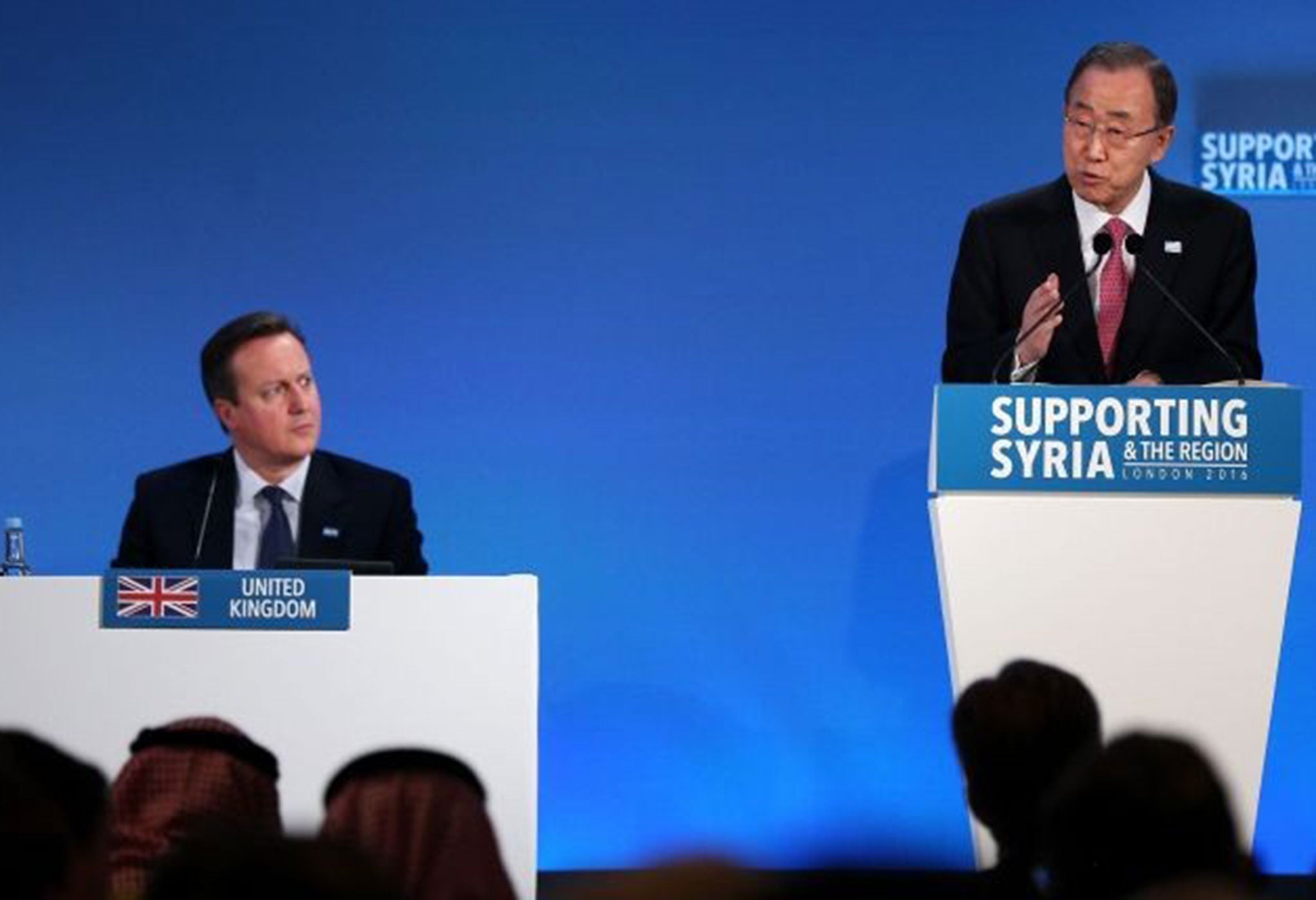 UN Secretary-General Ban Ki-moon speaks as Prime Minister David Cameron (left) looks on during the 'Supporting Syria and the Region' conference in London.