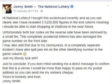 Mr Smith's message to the National Lottery