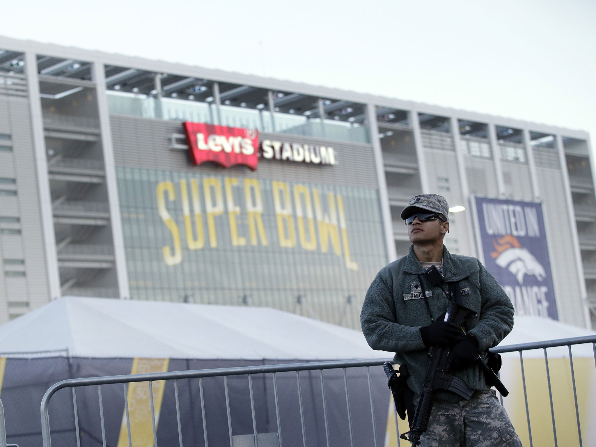 A US Army soldier patrols outside the Levi's Stadium in Santa Clara, California