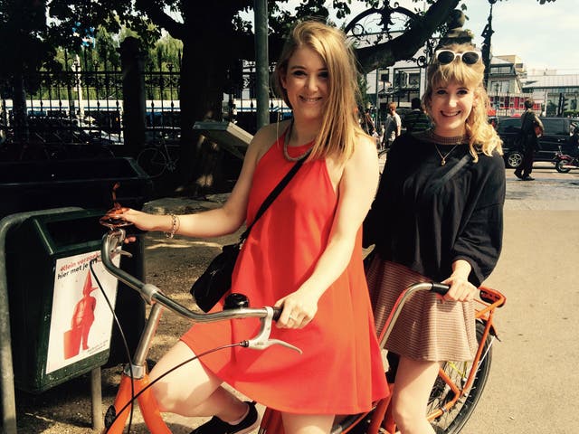 Lydia (left) and Chloe on a tandem in Vondelpark