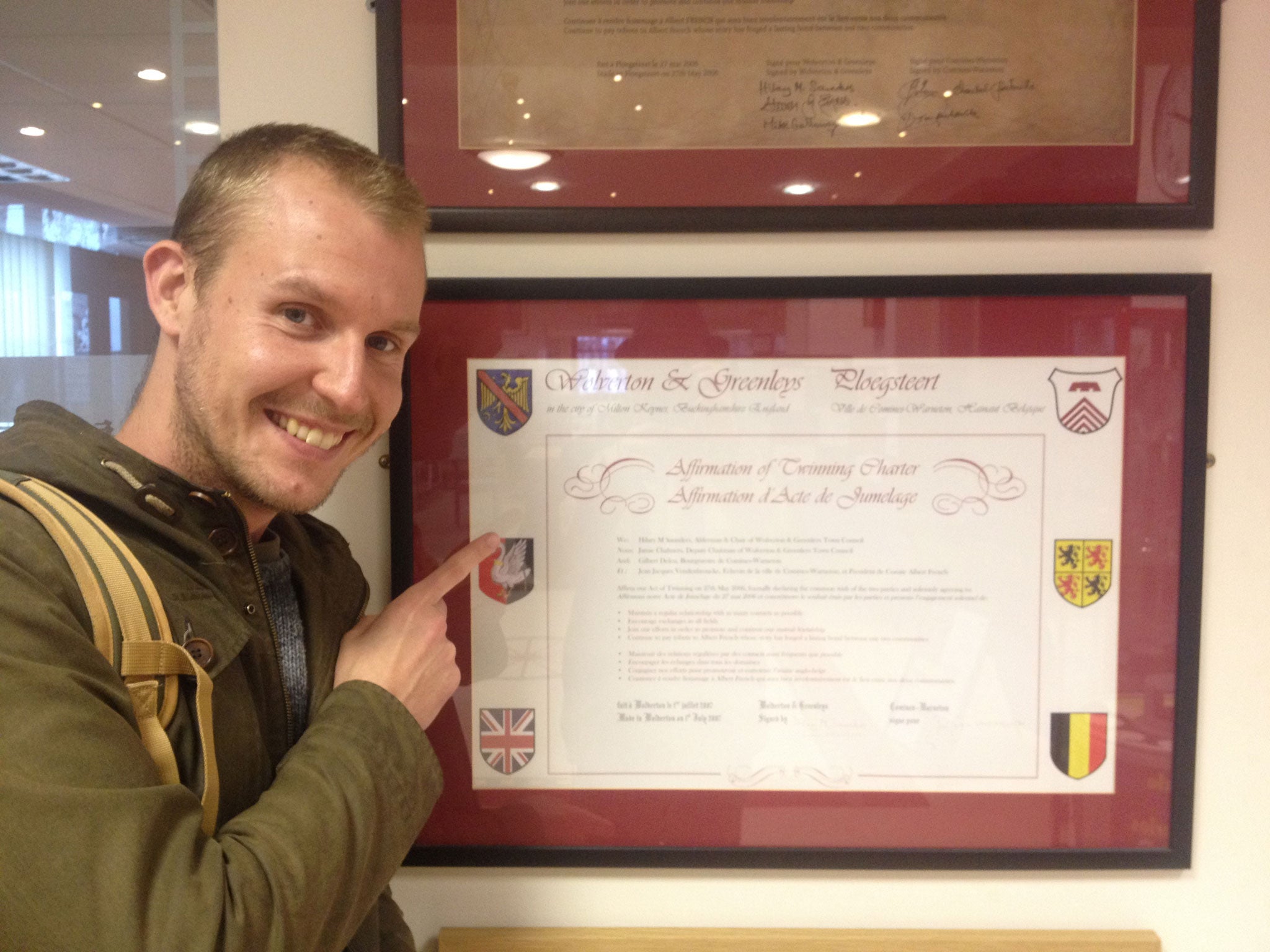 Friendship: Rob Self-Pierson with the twinning charter