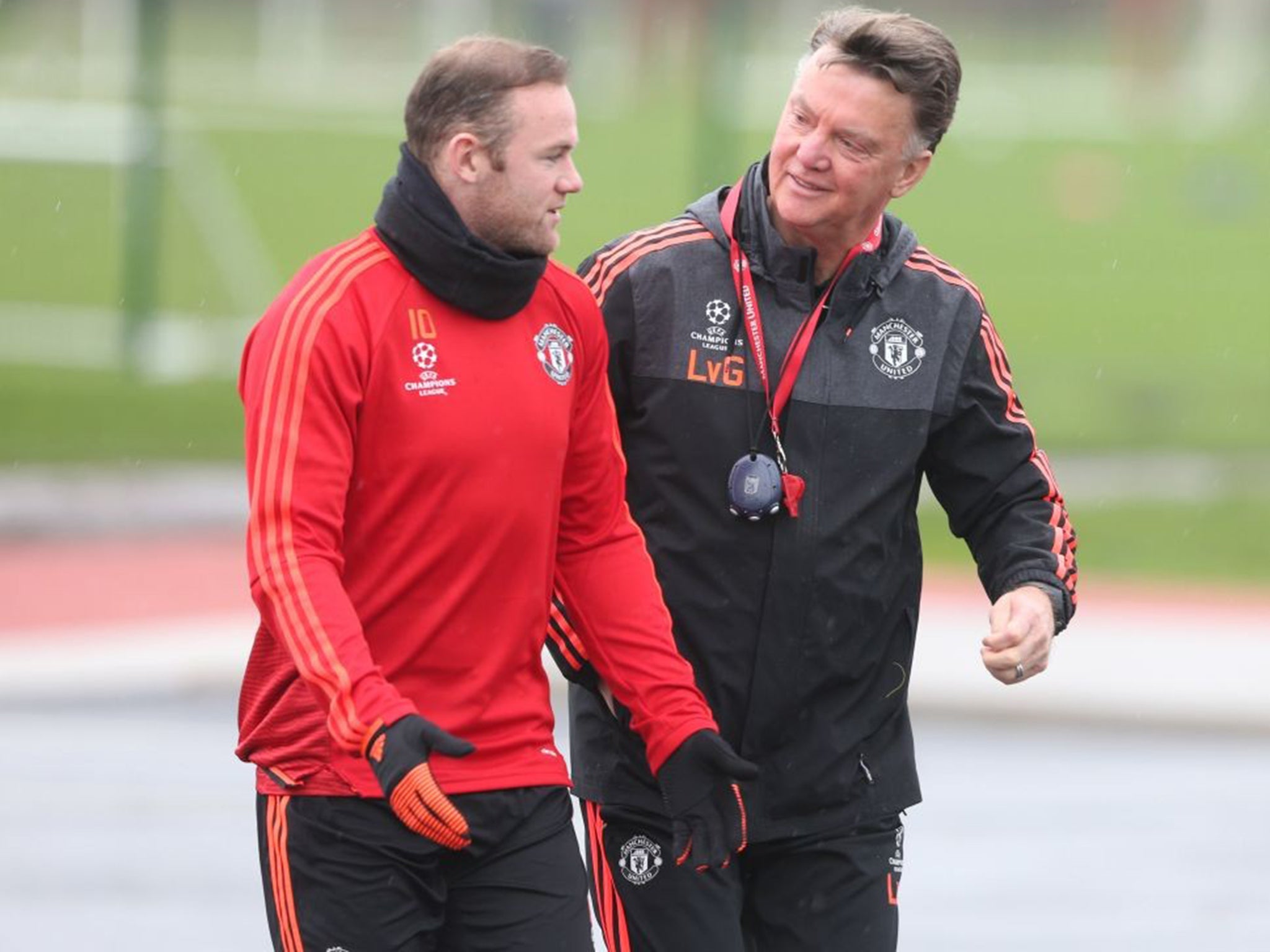 Wayne Rooney and van Gaal in action during a first team training session at Aon Training Complex