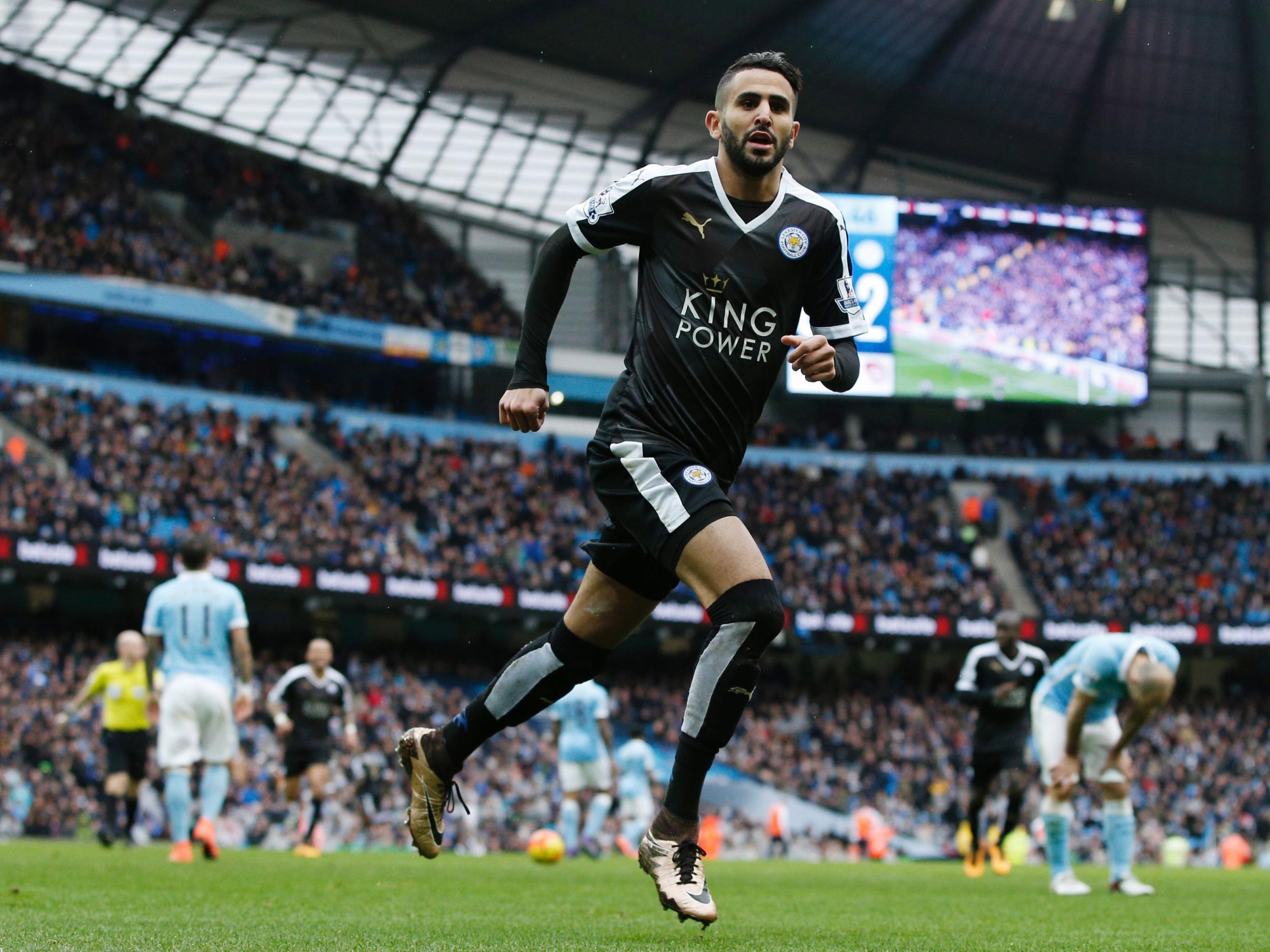 Riyad Mahrez celebrates Leicester's second at Man City